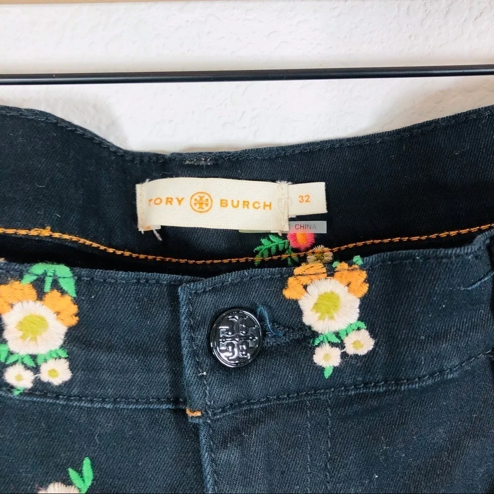 🔥 Tory Burch black Brindle Skinny Capri floral denim jeans sz32 NWOT